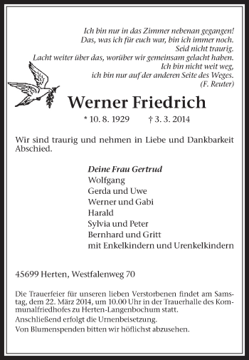 Traueranzeige von Werner Friedrich von Medienhaus Bauer